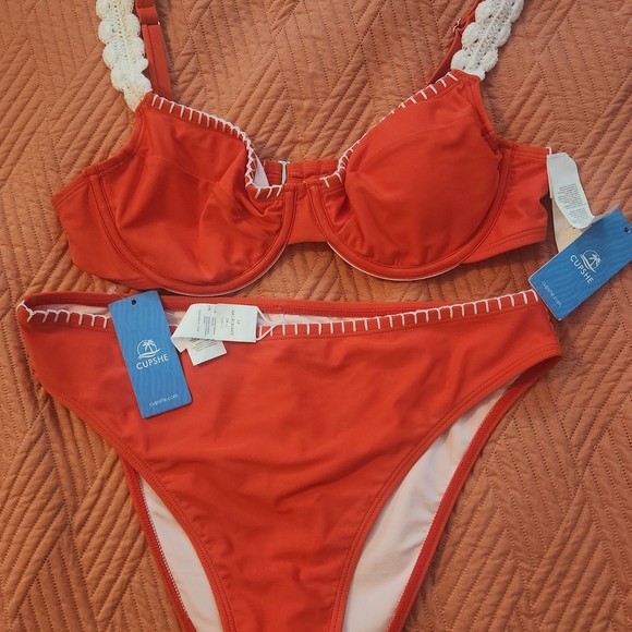 Cupshe Vibrant Orange Bikini with White Accents - Picture 3 of 5